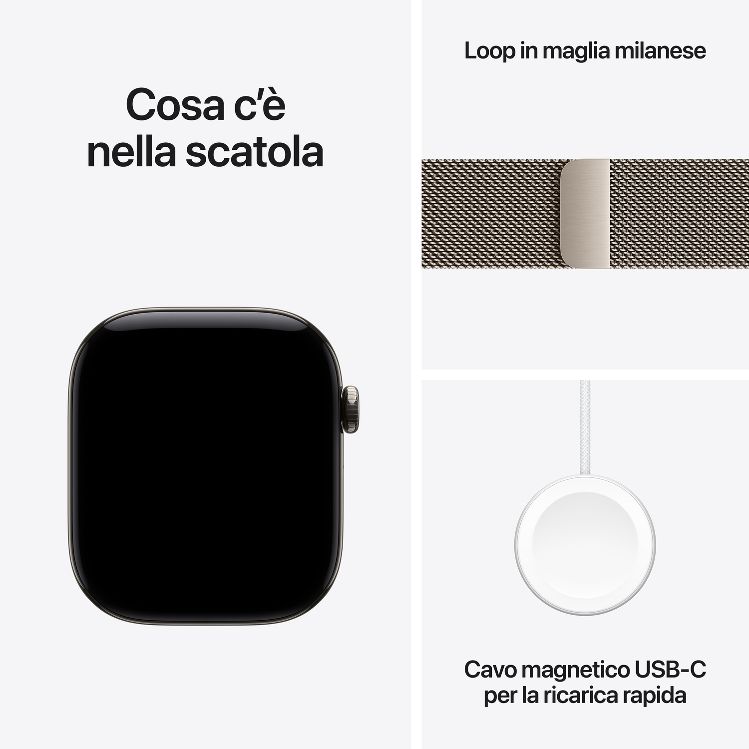 Un'immagine che mostra un Apple Watch, un cinturino Loop milanese e un cavo magnetico USB-C.