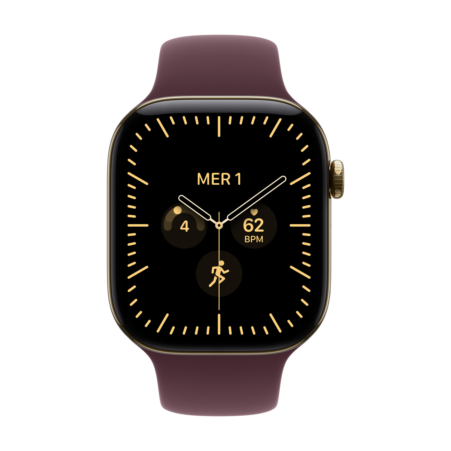 Uno smartwatch con schermo scuro, dettagli dorati e cinturino bordeaux mostra ora e battito cardiaco.