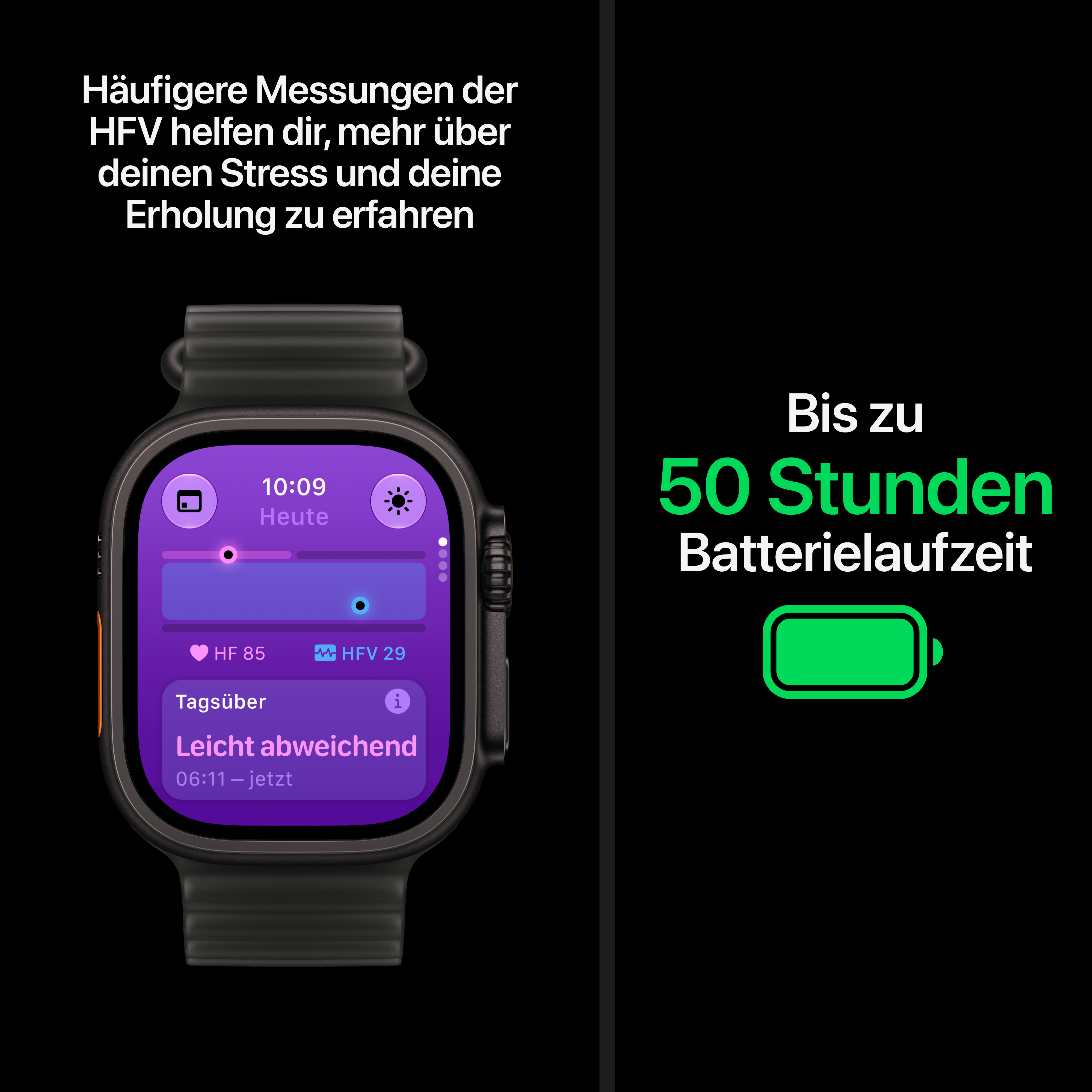 Smartwatch mit HRV-Messung und Text zu 50 Stunden Batterielaufzeit auf schwarzem Grund.