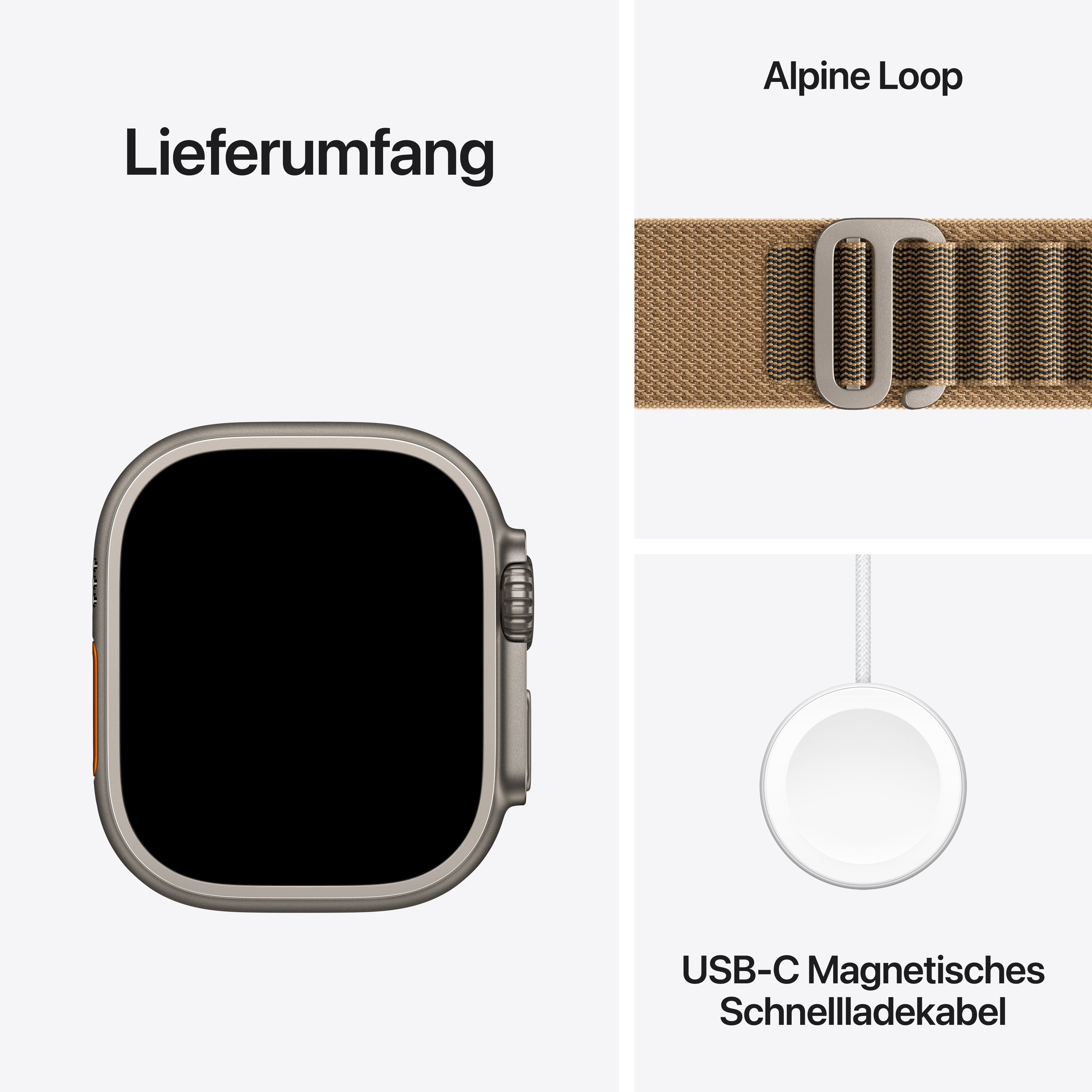 Lieferumfang: Smartwatch, braunes Alpine Loop Armband und USB-C Magnetisches Schnellladekabel.