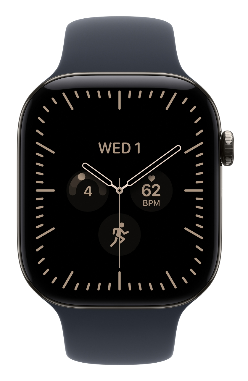 Czarny smartwatch z analogową tarczą, wyświetlaczem tętna i monitorem aktywności na ekranie.