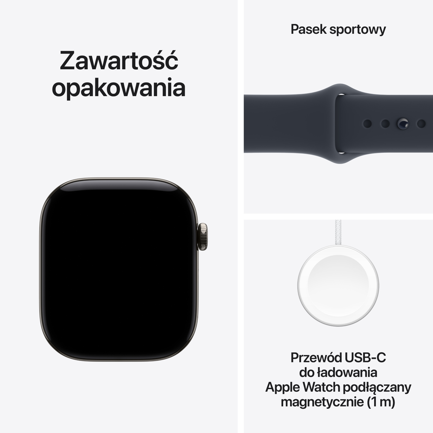 Zawartość opakowania Apple Watch obejmuje kopertę, pasek sportowy i magnetyczny przewód ładujący USB-C.
