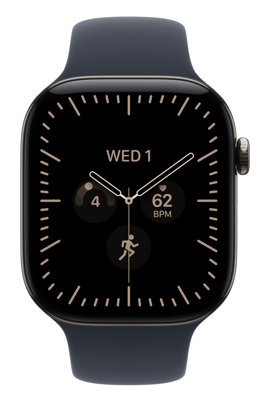 Czarny smartwatch z ciemnym silikonowym paskiem pokazuje analogową tarczę z pulsem i danymi aktywności.