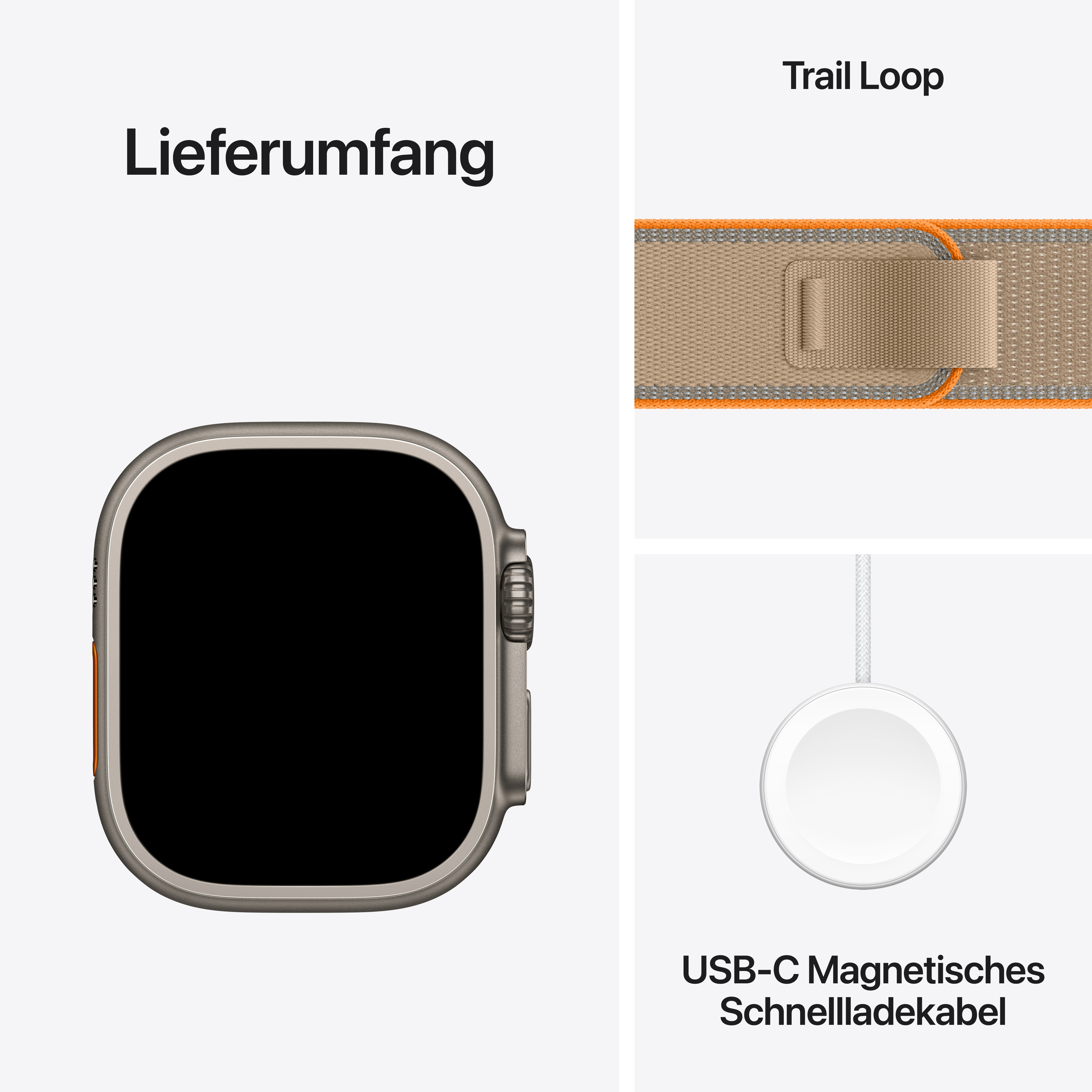 Lieferumfang: Smartwatch, Trail Loop Armband und ein USB-C Schnellladekabel.