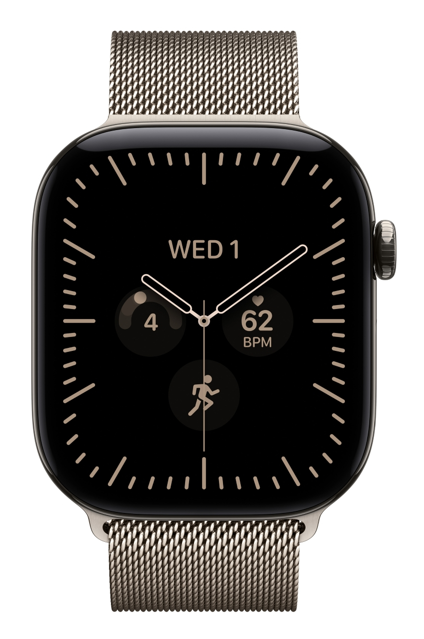 Elegancki smartwatch z metalową bransoletą i czarnym ekranem wyświetla datę i dane fitness.