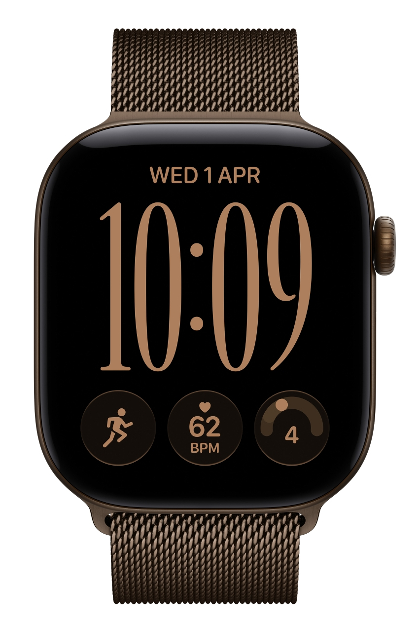 Brązowy smartwatch z metalową bransoletą wyświetlający godzinę 10:09 i dane fitness.