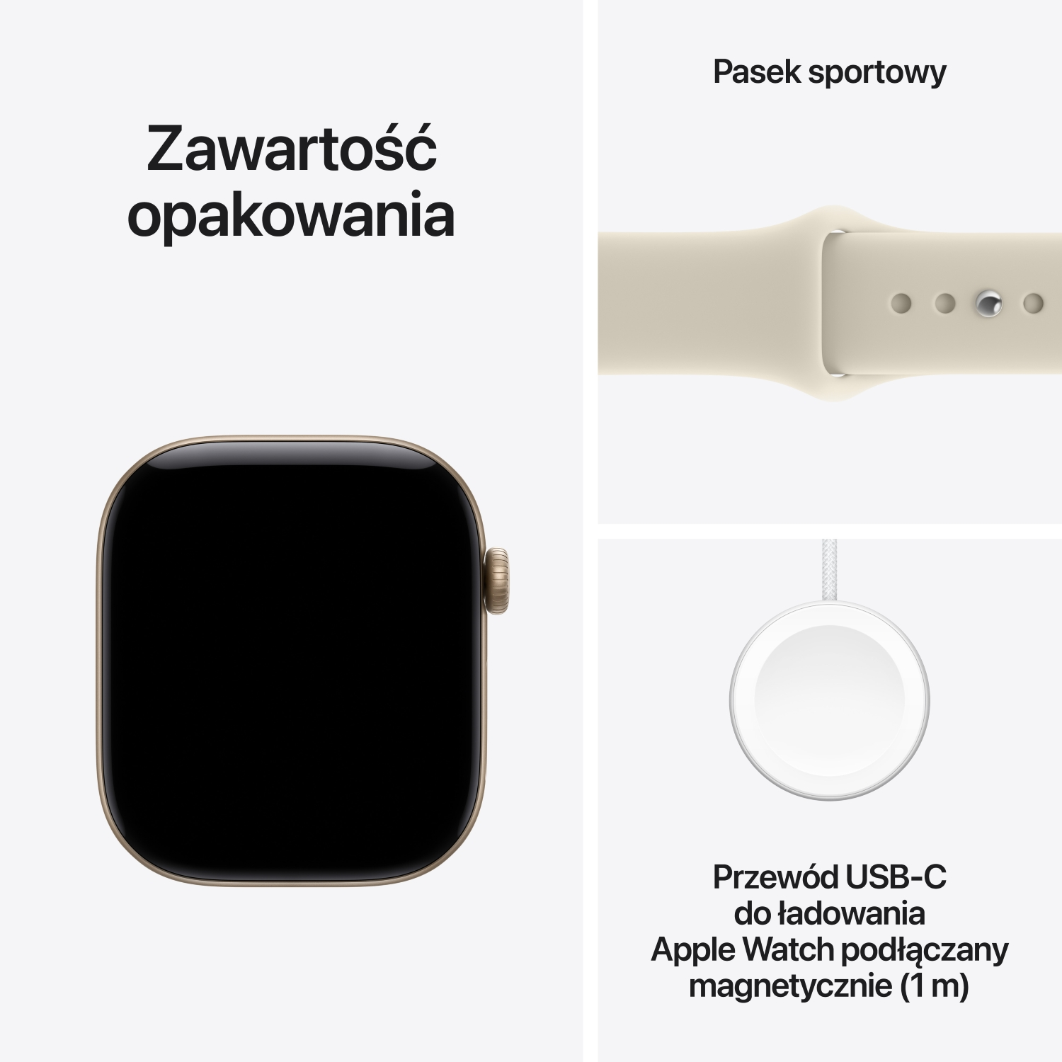 Zawartość opakowania: smartwatch, pasek sportowy i magnetyczny przewód ładujący.