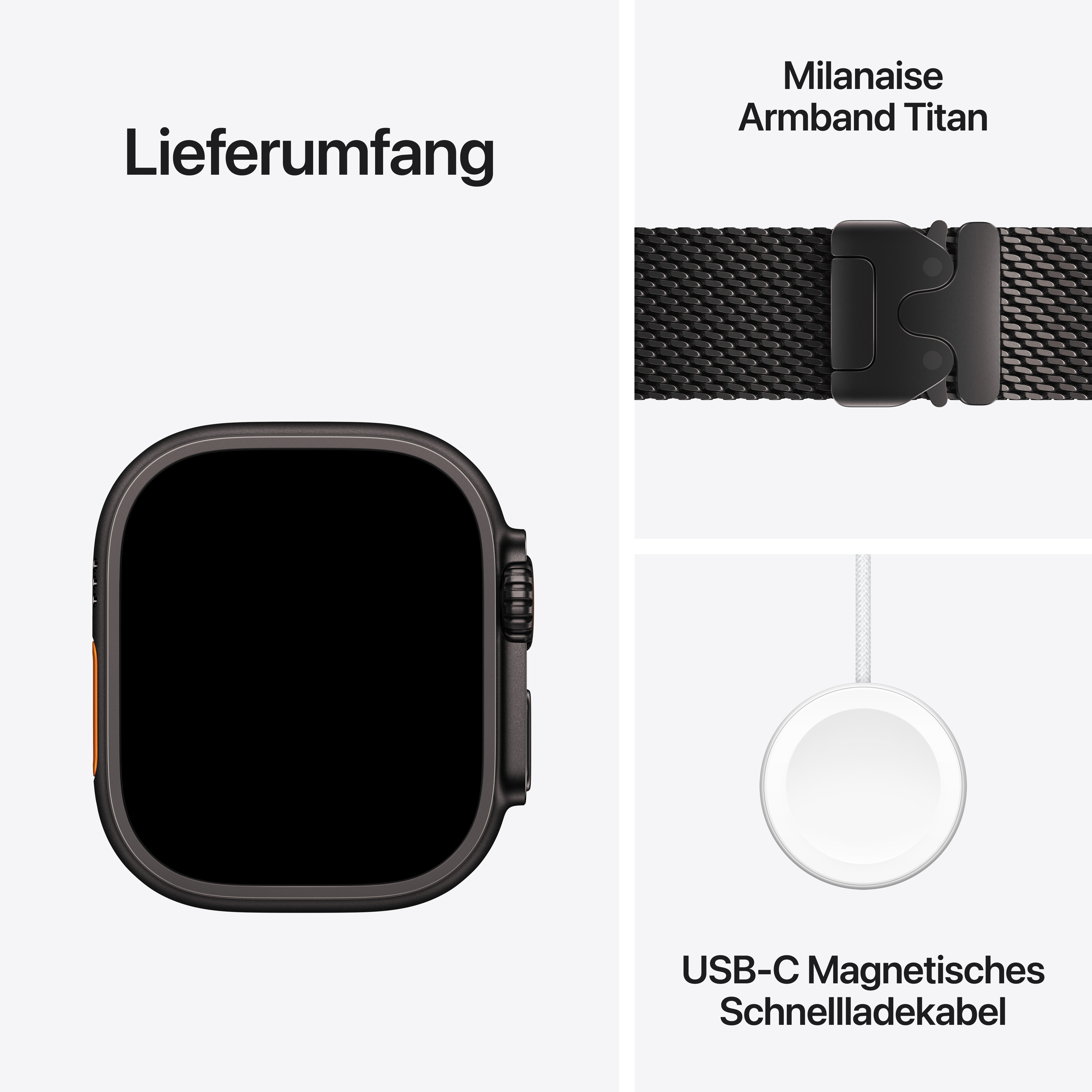 Lieferumfang: Smartwatch, Milanaise-Armband aus Titan und USB-C-Magnet-Schnellladekabel.
