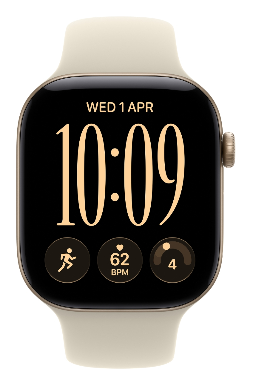 Złoty smartwatch z jasnym paskiem, ekran pokazuje datę, godzinę i dane o aktywności na czarnym tle.