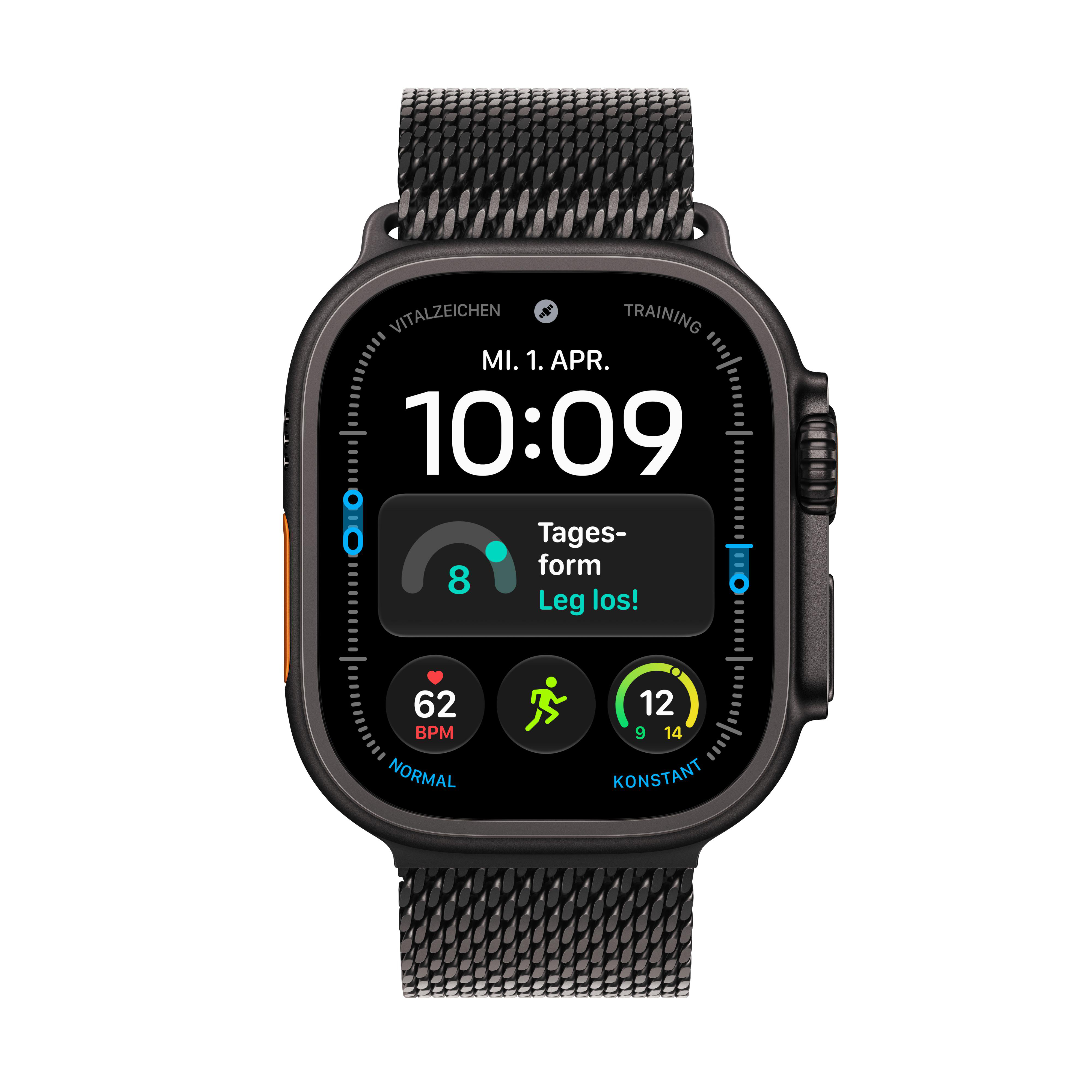 Eine schwarze Smartwatch mit Mesh-Armband zeigt ein digitales Zifferblatt mit Uhrzeit, Datum und Gesundheitsdaten.
