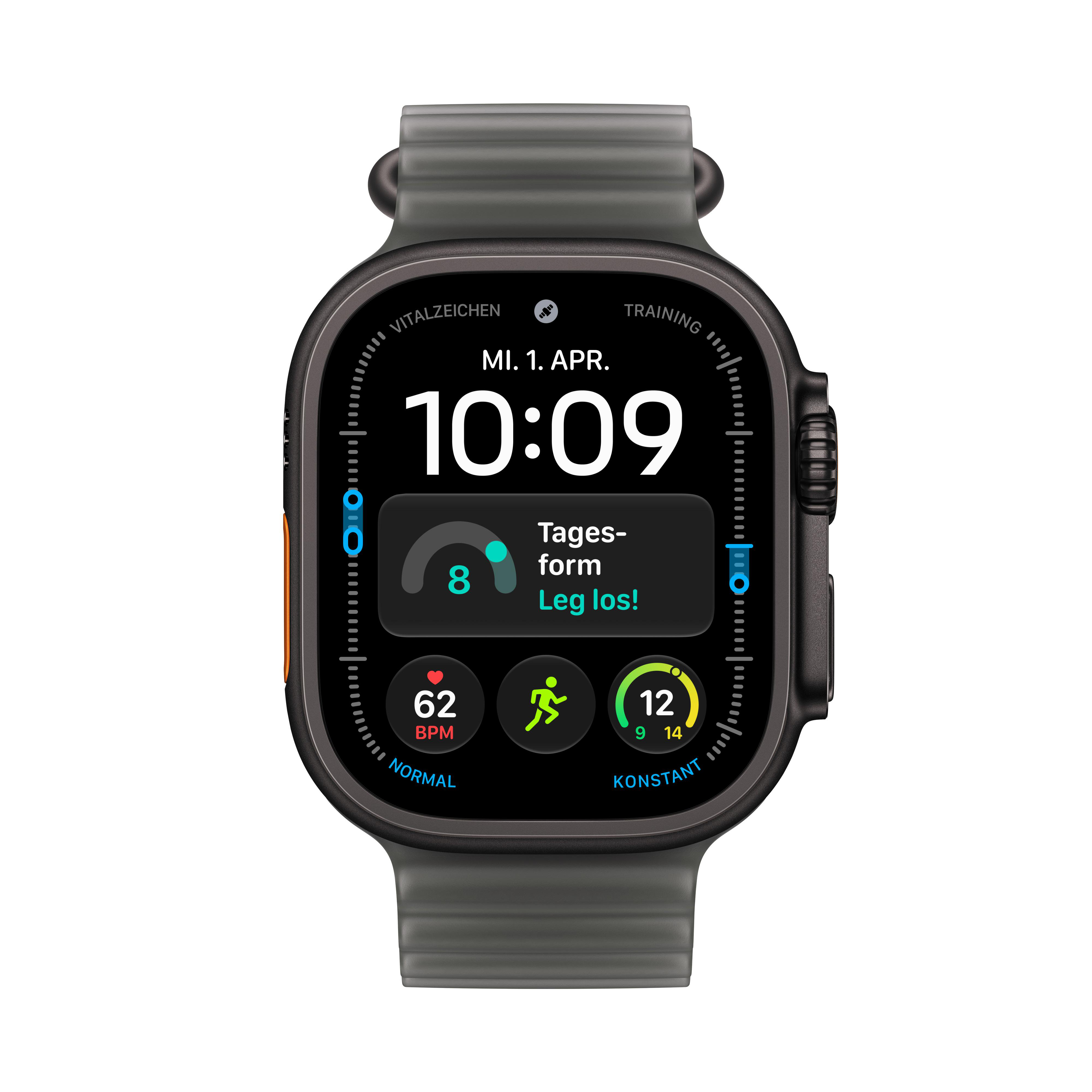 Eine schwarze Smartwatch mit digitaler Uhrzeit 10:09, Puls 62 BPM und Fitness-Daten.