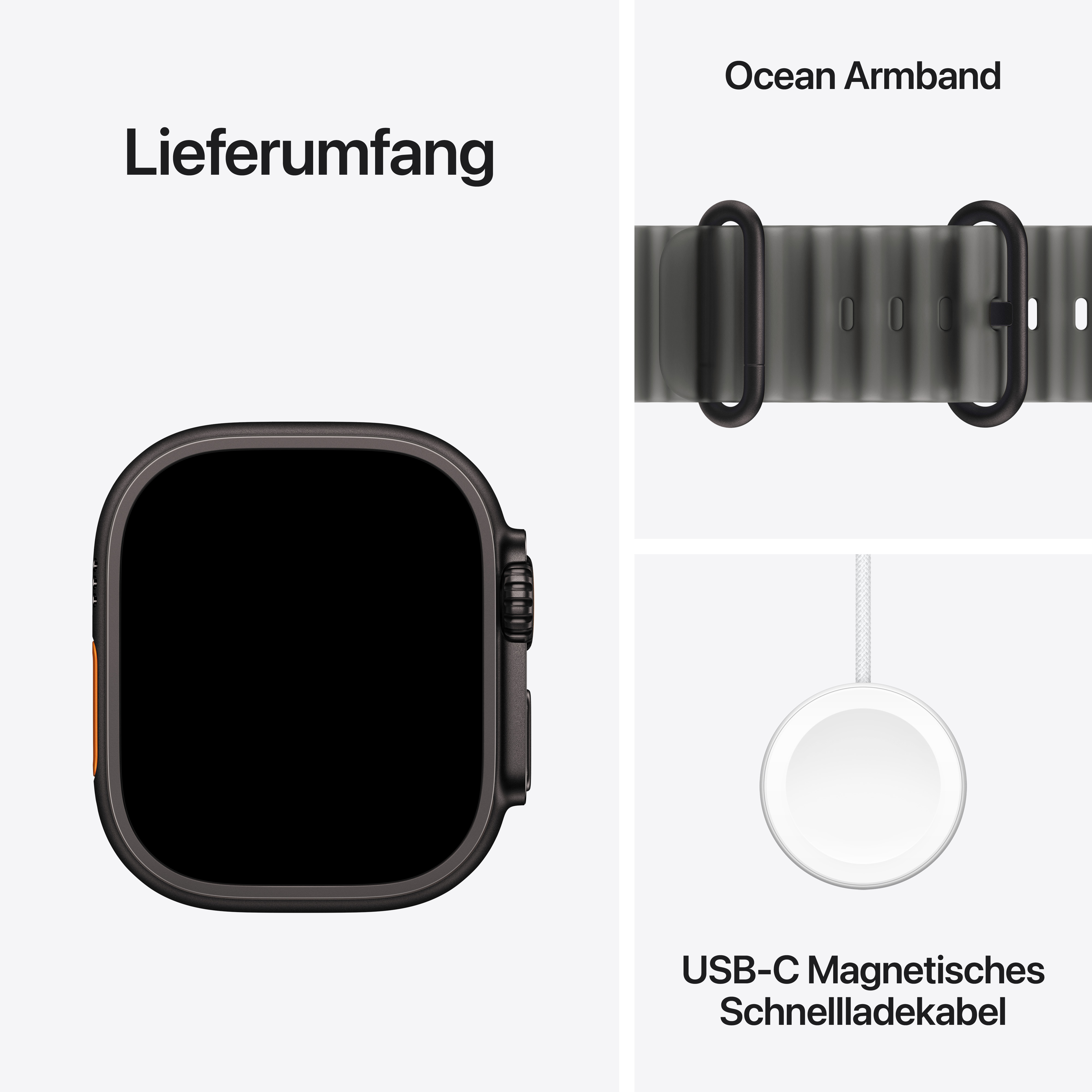 Lieferumfang: Smartwatch, Ocean Armband und USB-C Schnelleadekabel.