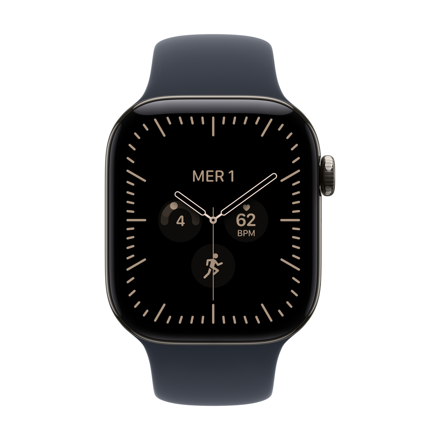 Uno smartwatch nero con cinturino in gomma mostra un quadrante analogico con frequenza cardiaca e attività.