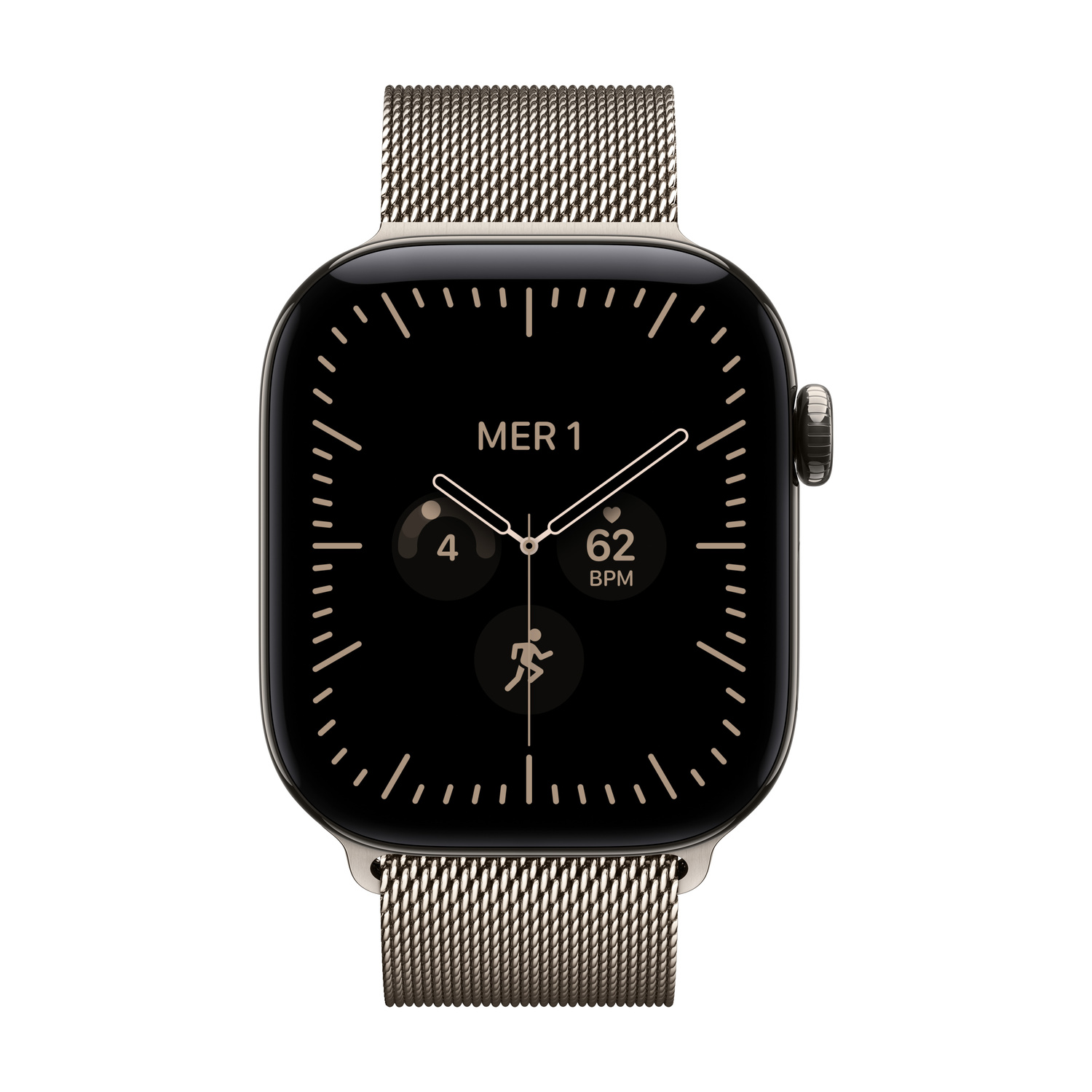 Uno smartwatch con cinturino a maglia metallica, display nero e lancette analogiche.