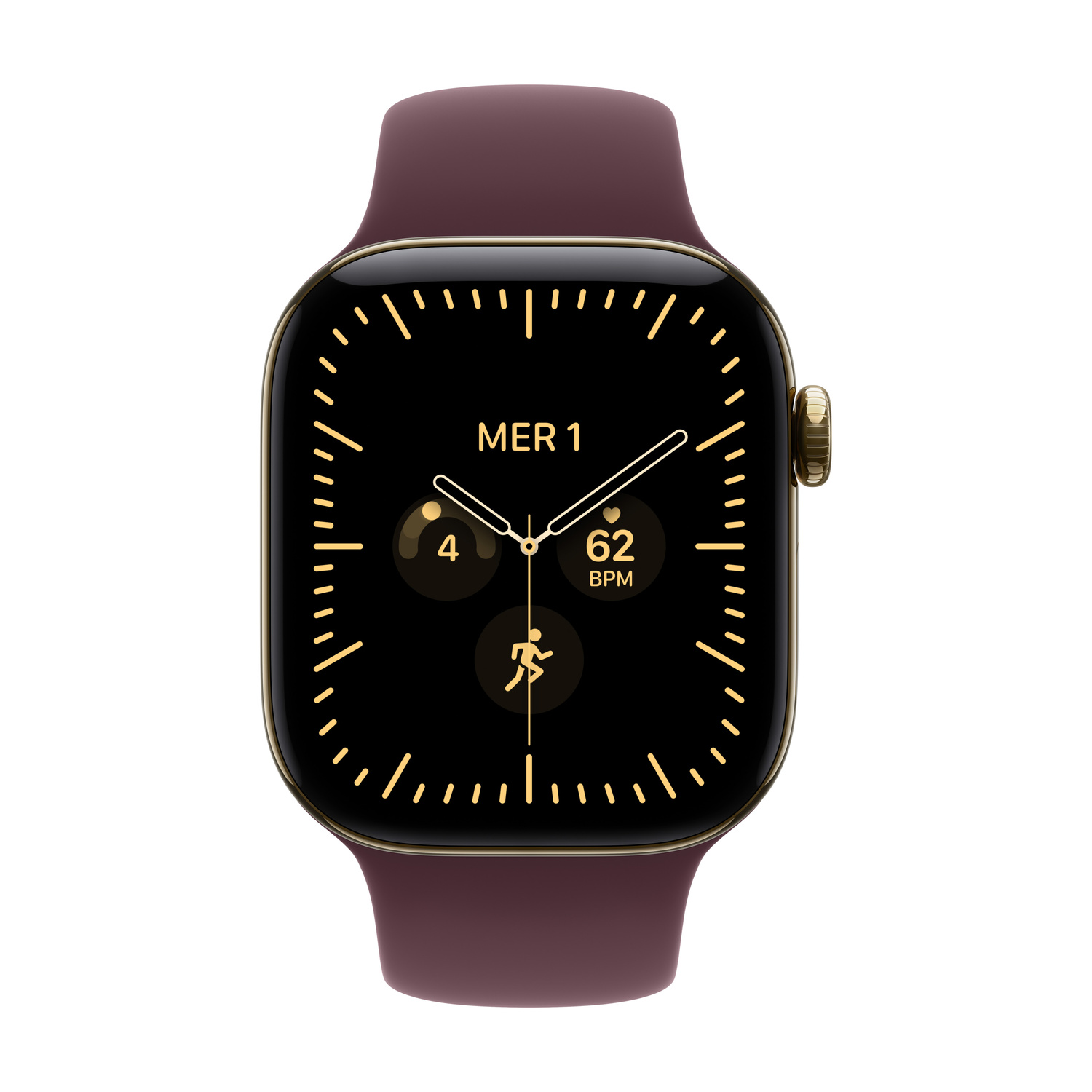 Uno smartwatch con cinturino bordeaux mostra un quadrante nero con dettagli dorati e dati di fitness.