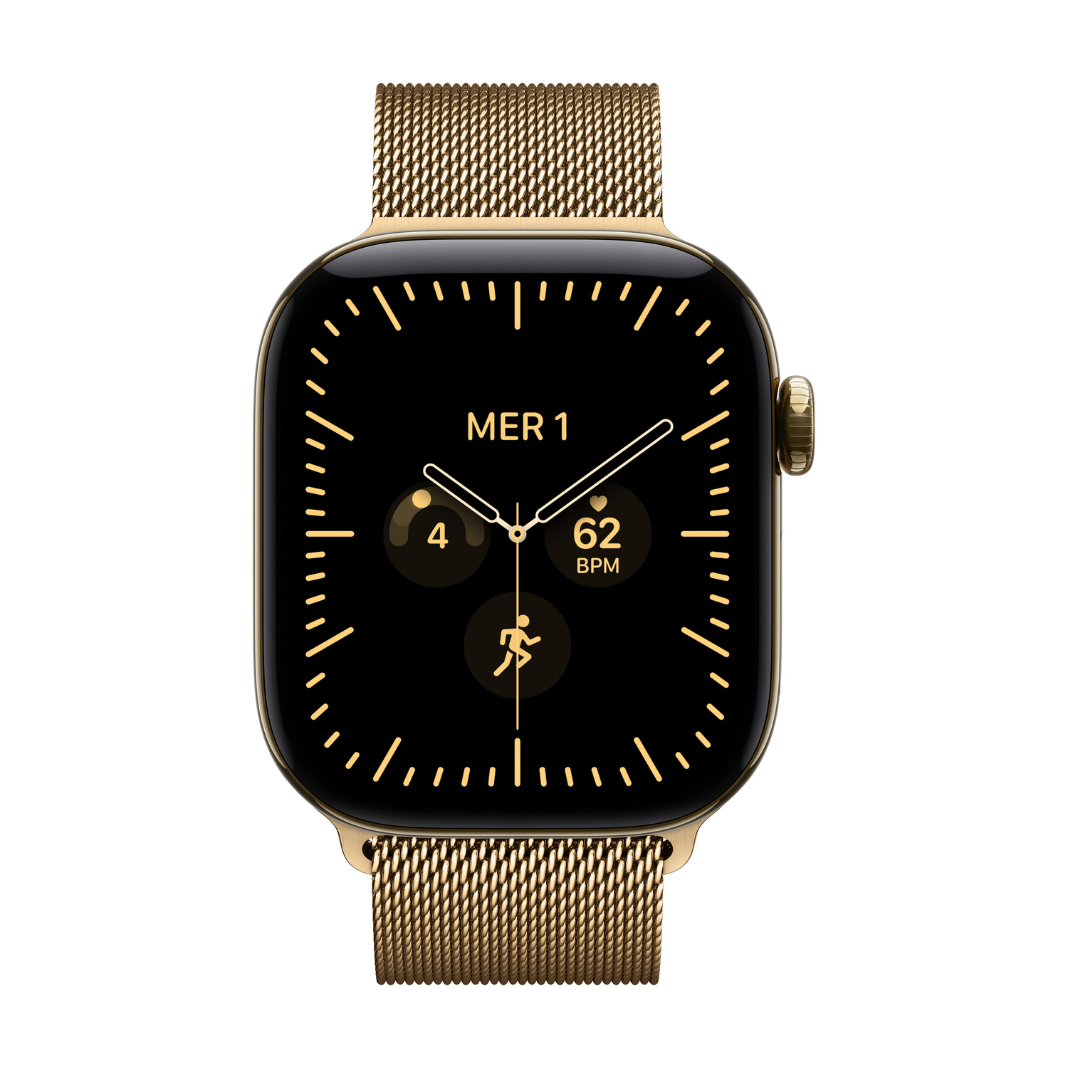 Smartwatch dorato con cinturino in maglia metallica e quadrante digitale con ora e battito.