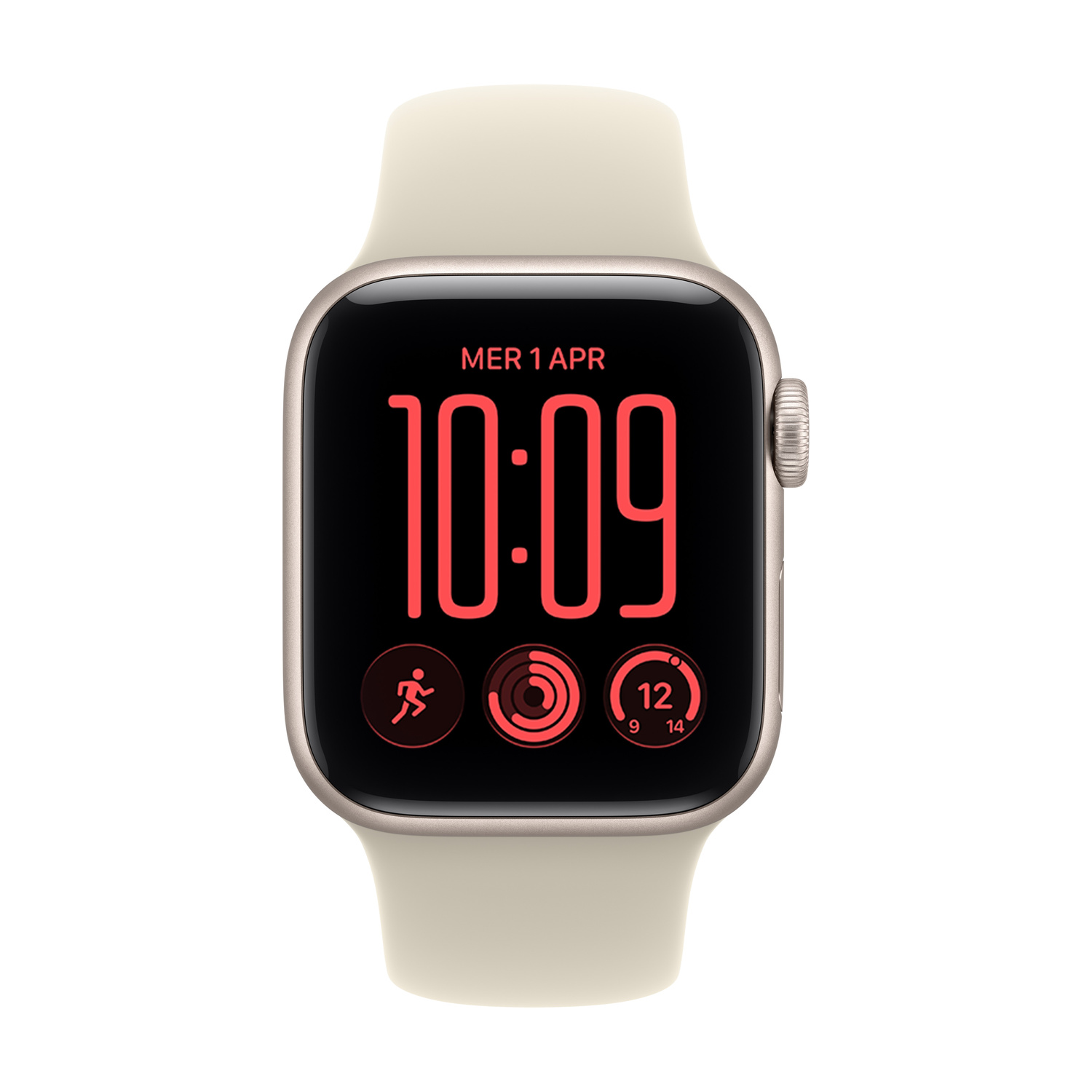 Uno smartwatch chiaro con quadrante rosso e icone di fitness su sfondo bianco.