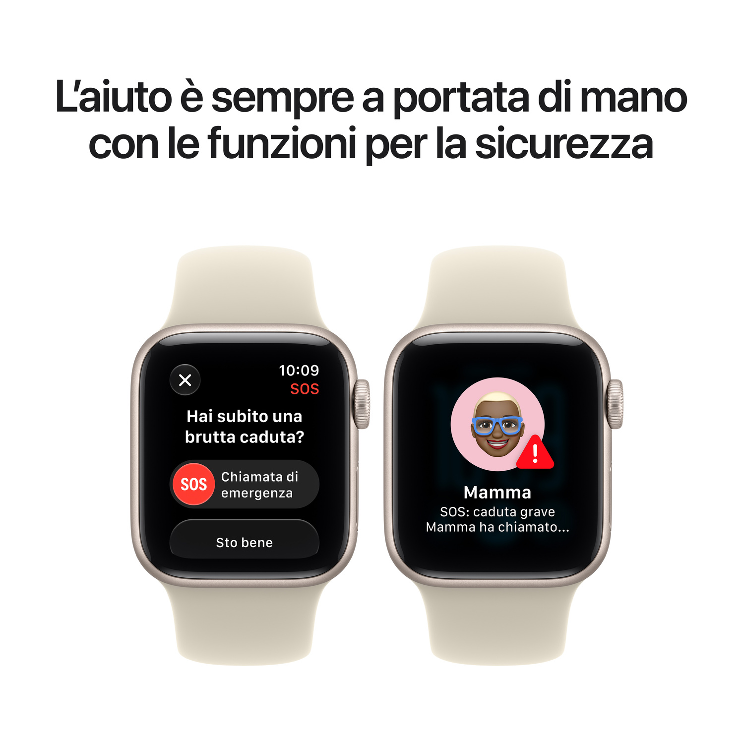 Due smartwatch mostrano funzioni di emergenza con testo sullo schermo.