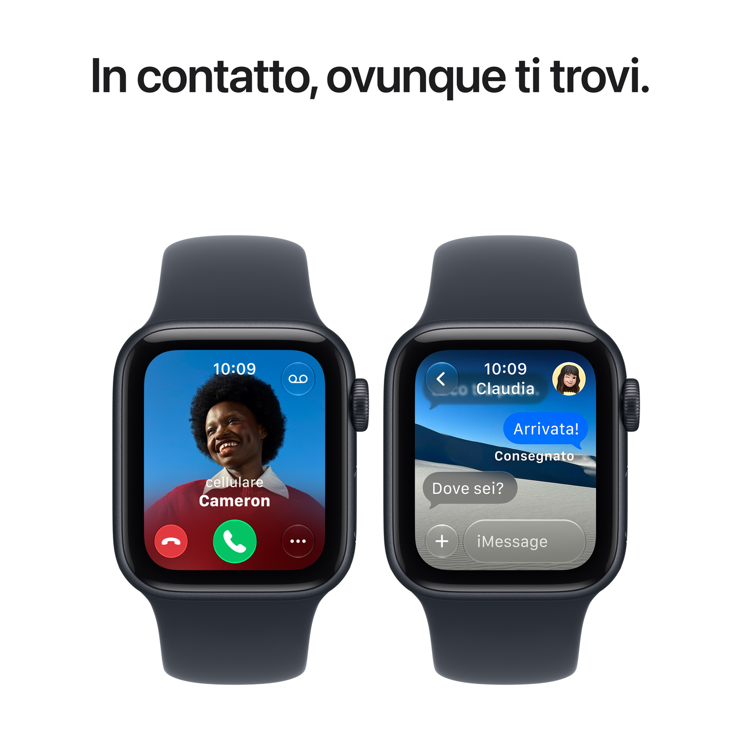 Due Apple Watch con cinturino nero mostrano chiamate e messaggi con testi come Arrivata!