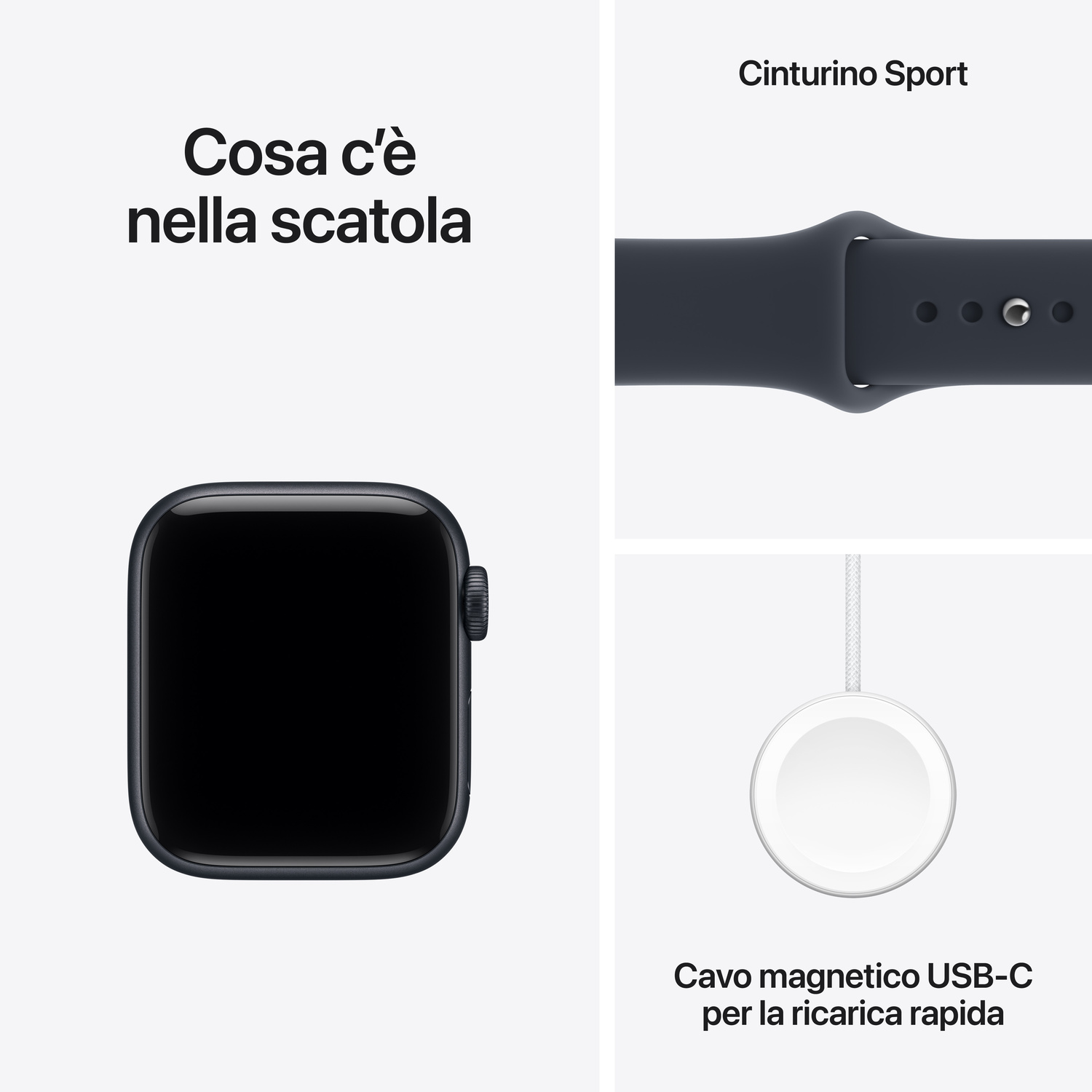 Contenuto della confezione con uno smartwatch nero, un cinturino sportivo e un cavo di ricarica rapida magnetico USB-C.