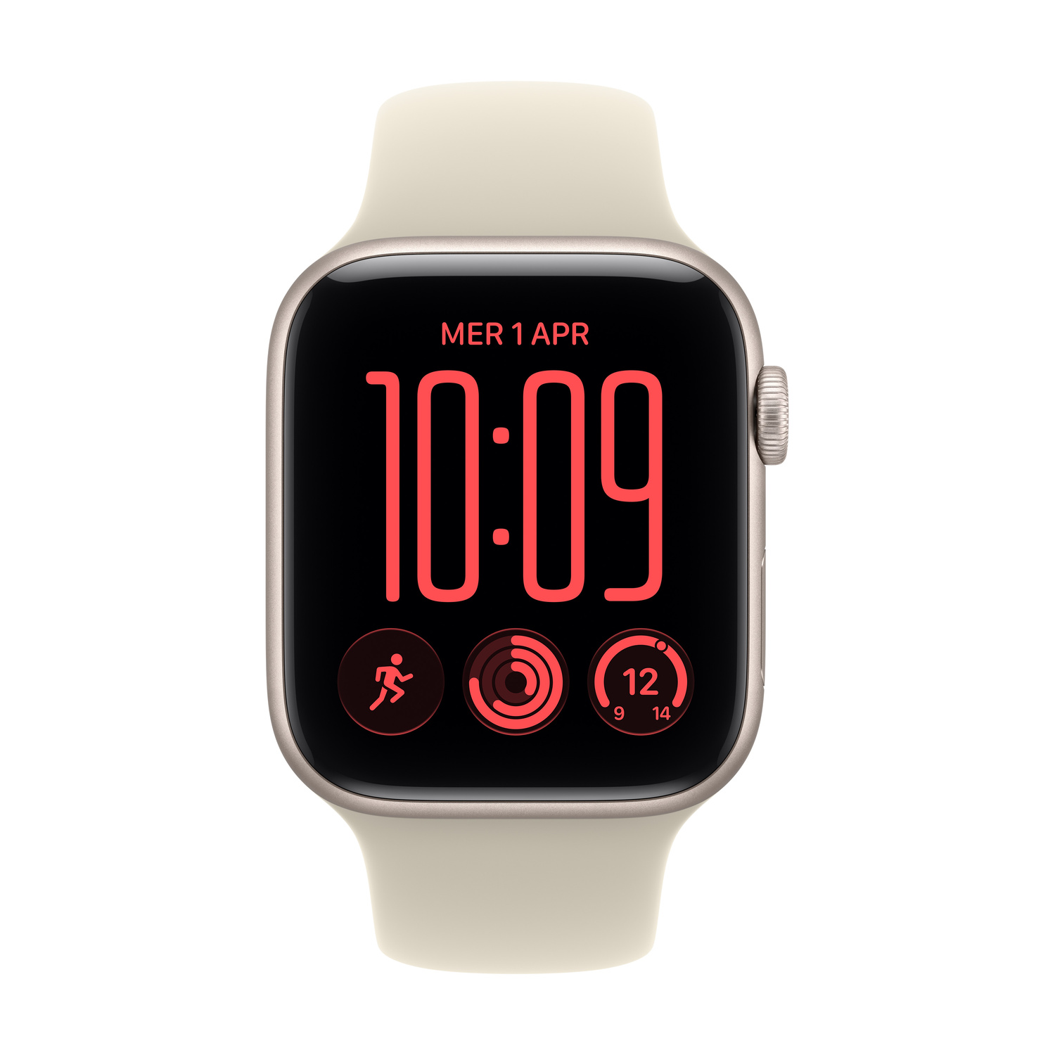 Smartwatch beige con schermo nero, ora rossa 10:09 e anelli di attività su sfondo bianco.