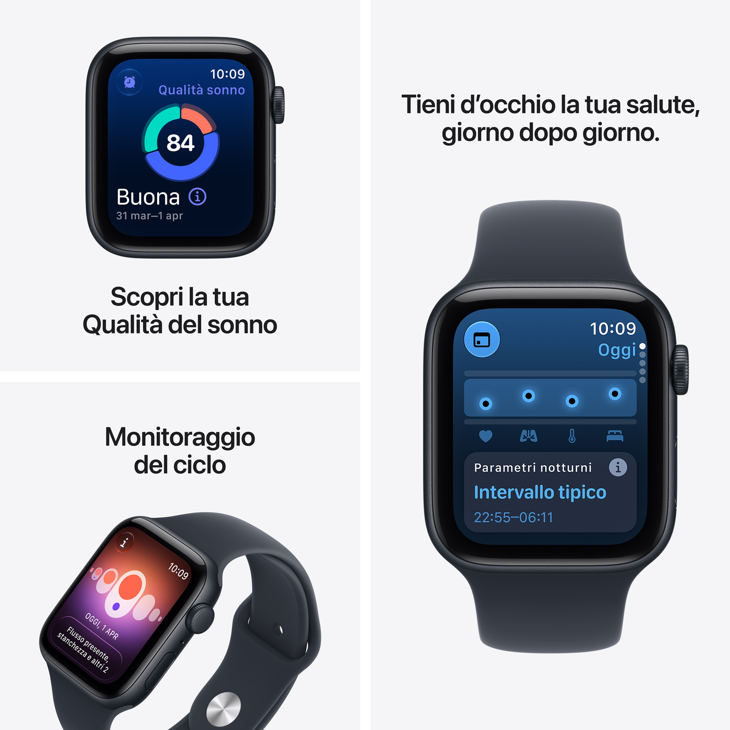 Schermi di smartwatch che mostrano funzioni di salute e monitoraggio del sonno in italiano.