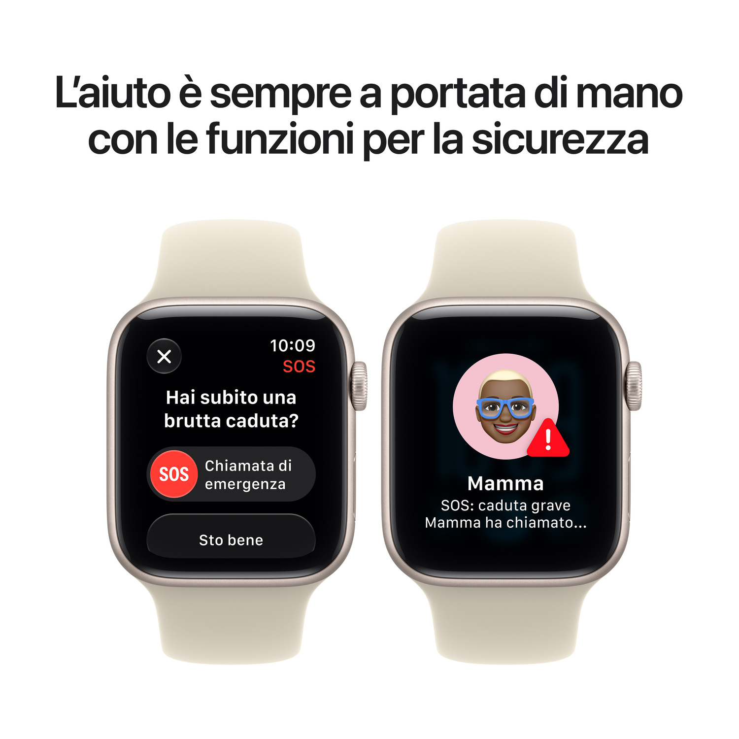 Due Apple Watch che mostrano il rilevamento cadute e funzioni SOS.
