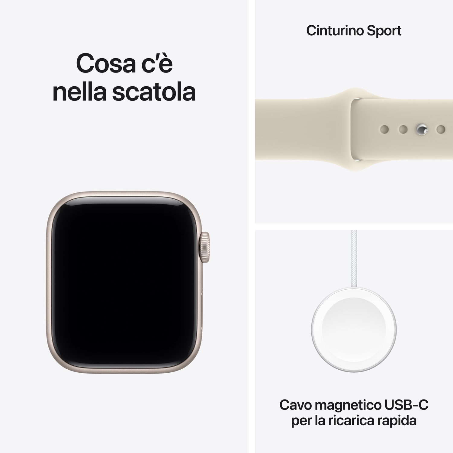 Un Apple Watch, un cinturino sportivo e un cavo magnetico per la ricarica rapida USB-C su sfondo bianco.
