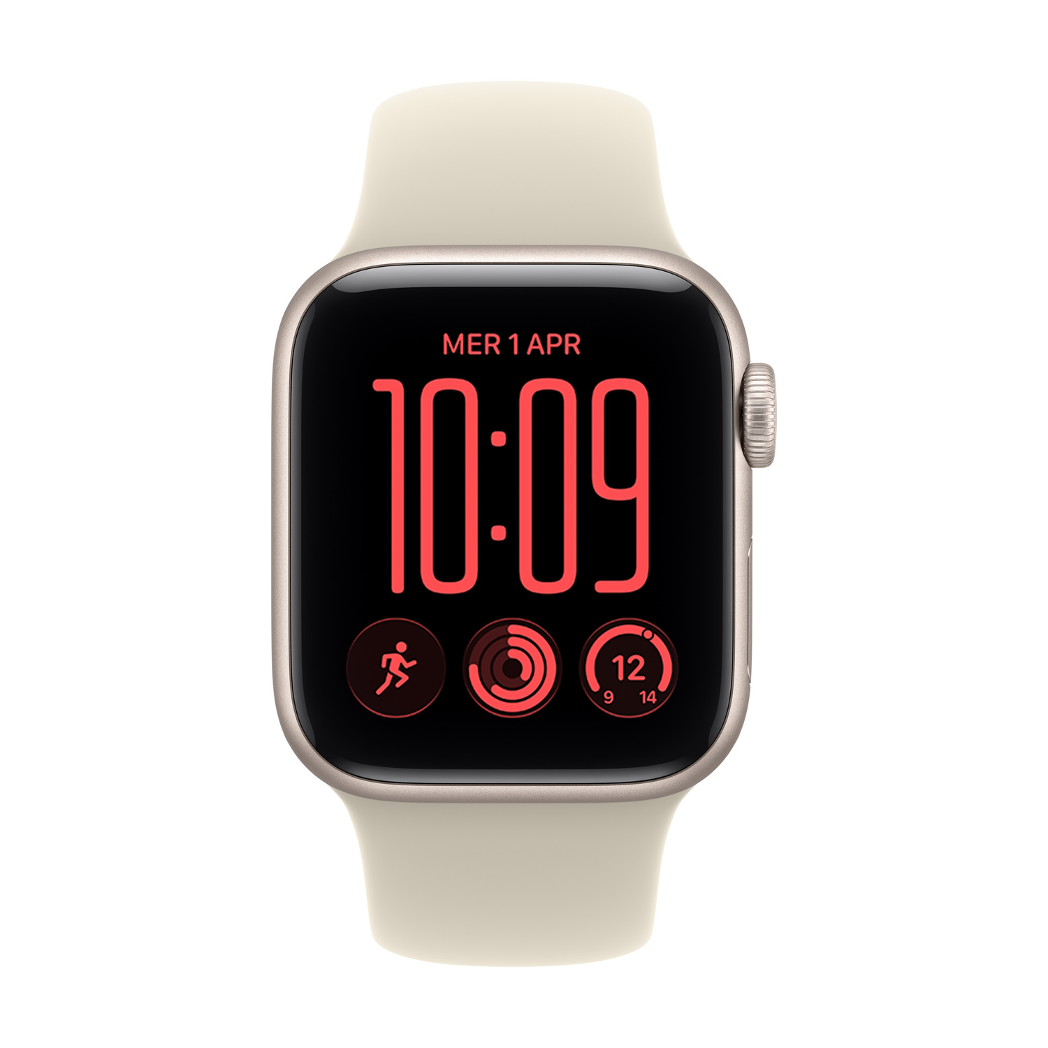 Uno smartwatch color crema con schermo nero, ora digitale rossa e anelli di attività su sfondo bianco.