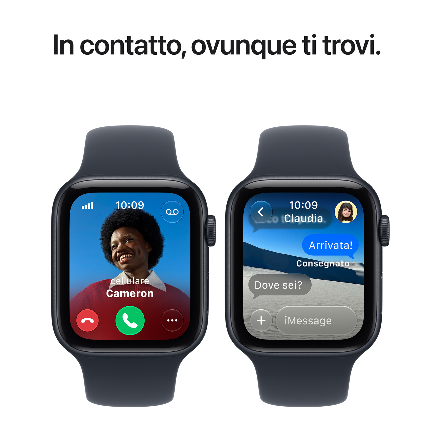 Due Apple Watch neri mostrano una videochiamata e un'app di messaggistica.