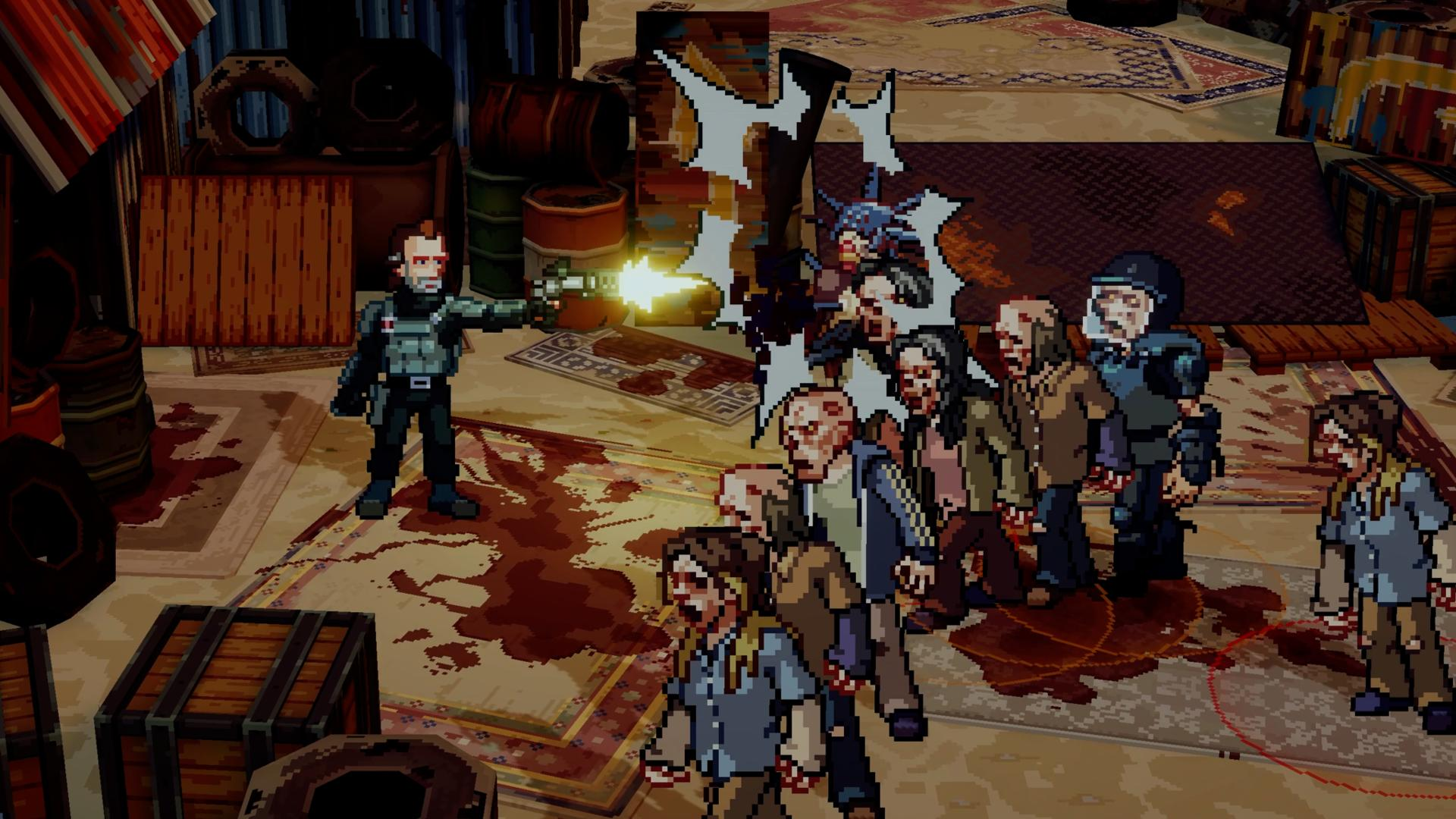 Pixelkunst-Spielszene mit einem bewaffneten Mann, der auf eine Horde von Zombies schießt, umgeben von Blut.