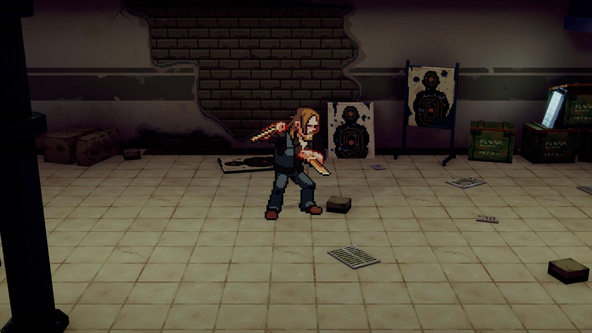 Pixel-Figur hält Waffen in einem dunklen Raum mit Schießscheiben an der Wand.