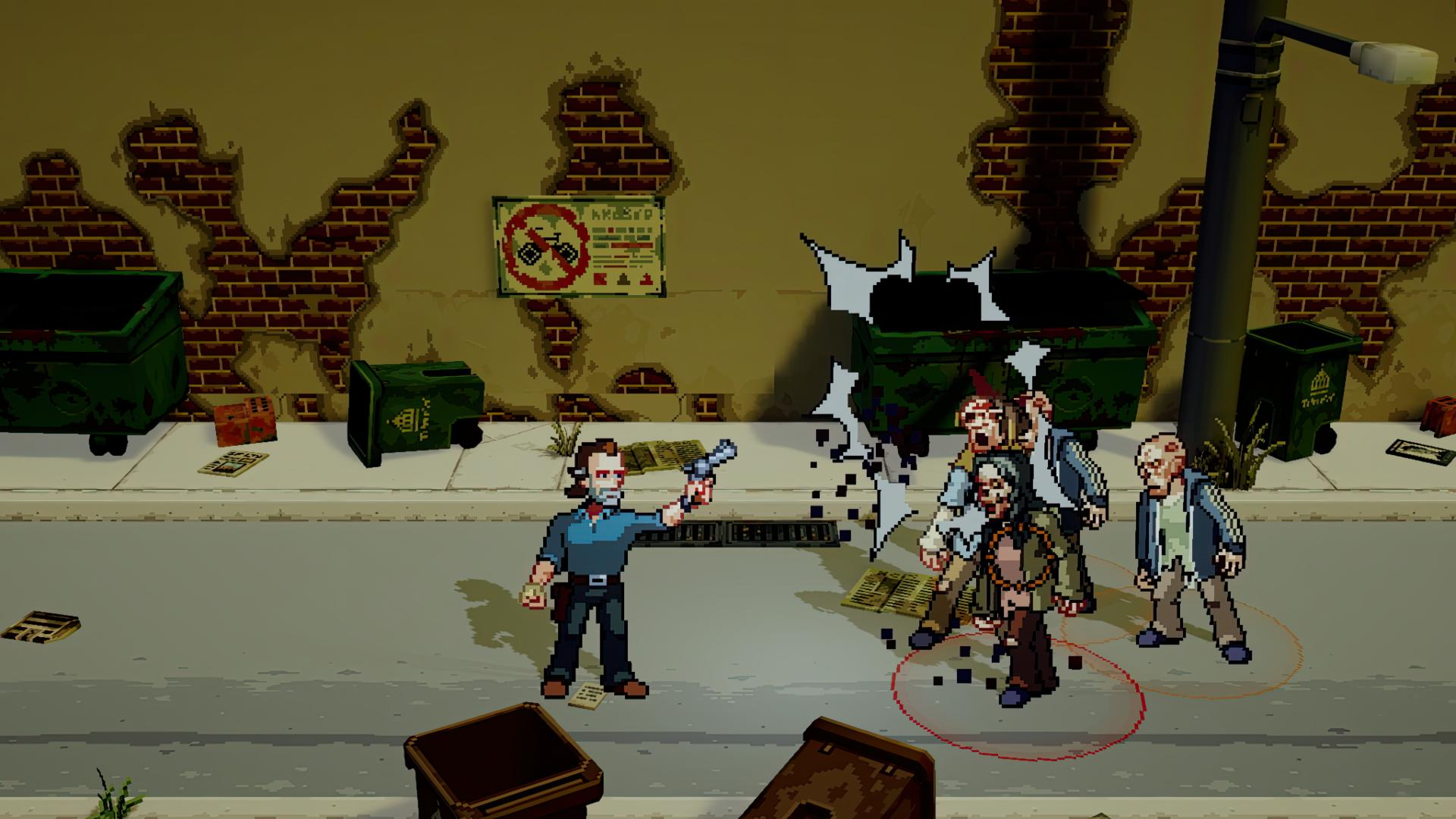 Pixel-Art-Szene eines Mannes in blauem Hemd, der auf einer Straße mit Müllcontainern auf Zombies schießt.