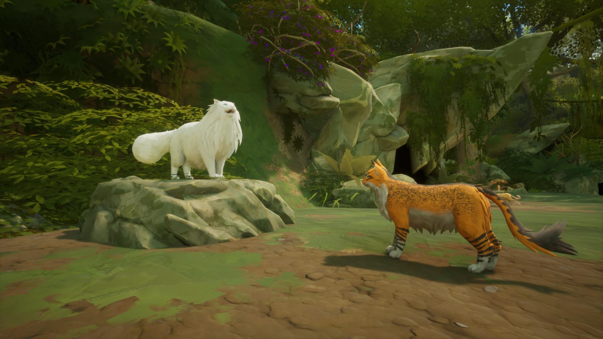 Eine flauschige weiße Katze auf einem Felsen steht einer orange-schwarz gestreiften Katze im Dschungel gegenüber.
