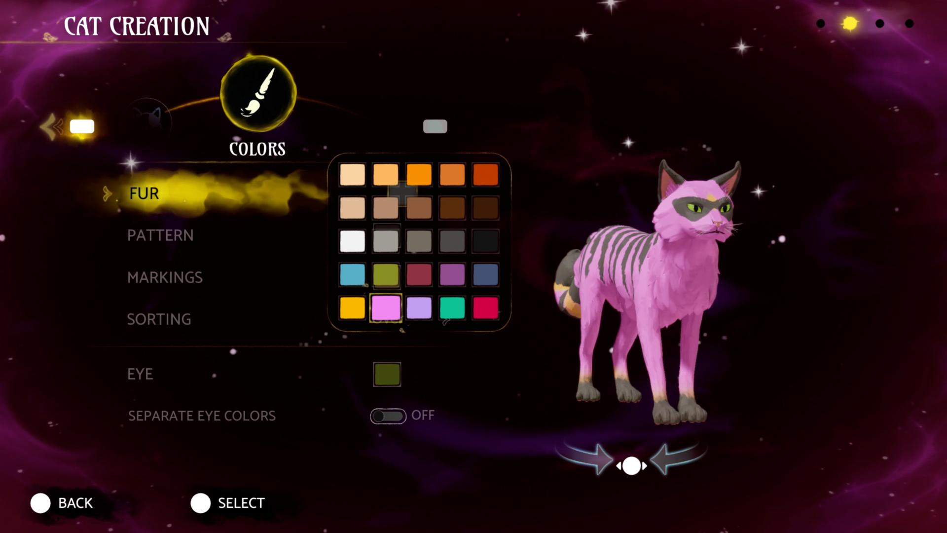 Spiel-Bildschirm zur Katzenerstellung zeigt eine pinke Katze und Farbpalettenoptionen vor kosmischem Hintergrund.