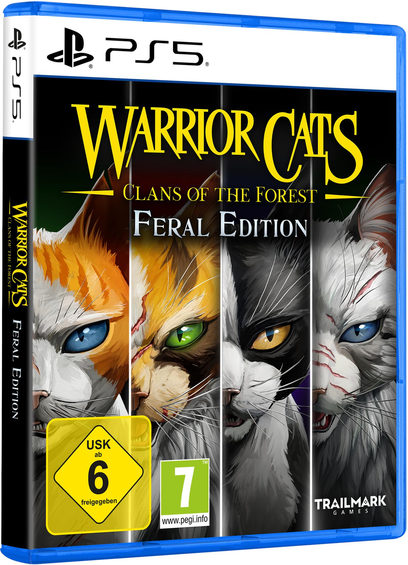 PS5-Spielhülle für Warrior Cats: Clans of the Forest Feral Edition mit vier wilden Katzengesichtern.