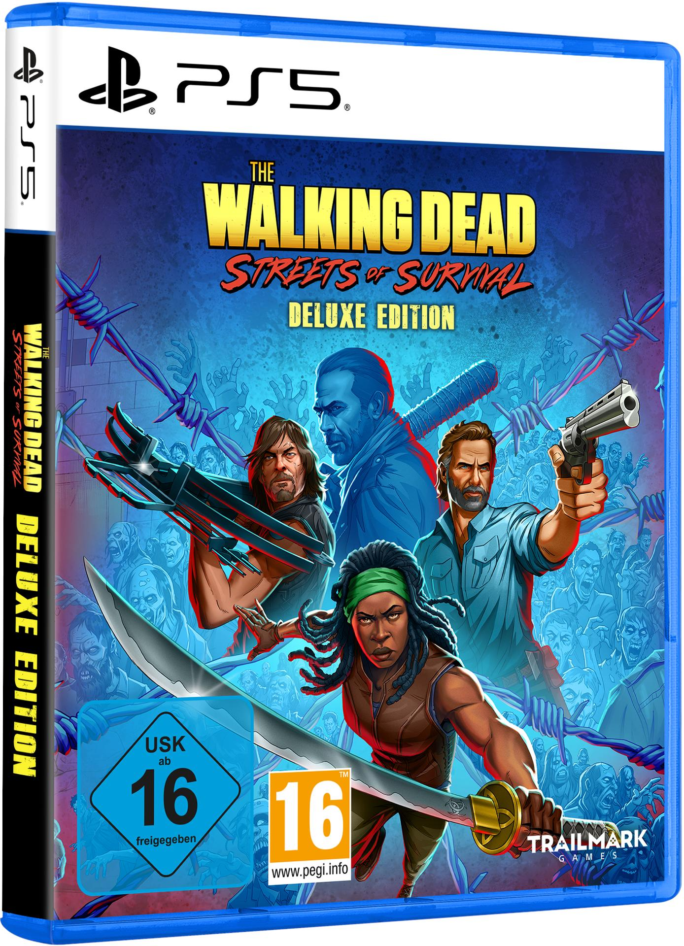 PS5-Videospielcover von The Walking Dead Streets of Survival mit bewaffneten Charakteren und Zombies.