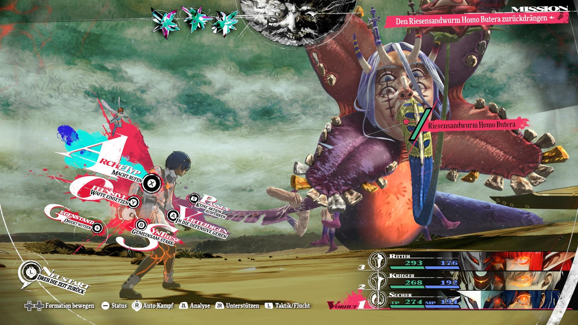Ein Anime-Kämpfer steht vor einem riesigen Tentakelmonster in einer kargen Landschaft mit HUD-Elementen.