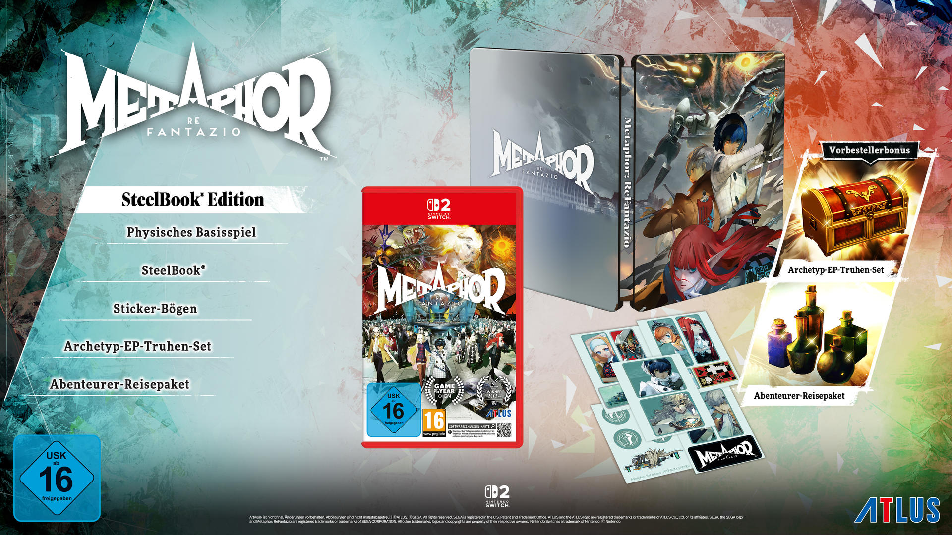 Metaphor ReFantazio SteelBook Edition enthält das Spiel, Steelbook, Sticker und Bonus-Gegenstände.