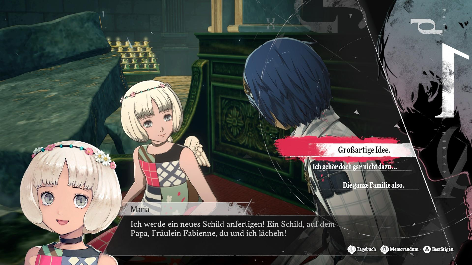 Ein blondes Mädchen mit Blumenkranz spricht mit einer Person im Spiel.