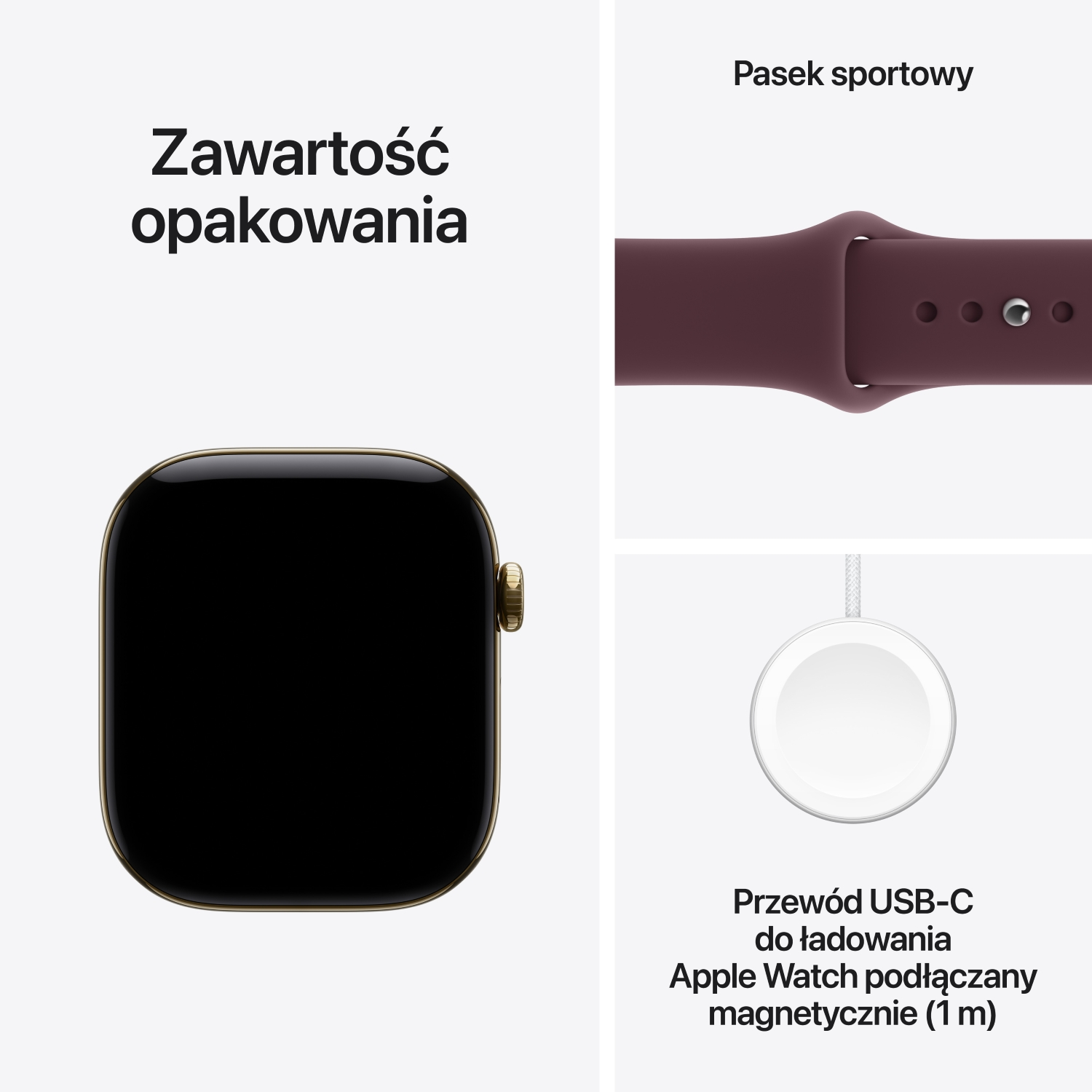 Zawartość opakowania: smartwatch, pasek sportowy i magnetyczny przewód ładujący USB-C.