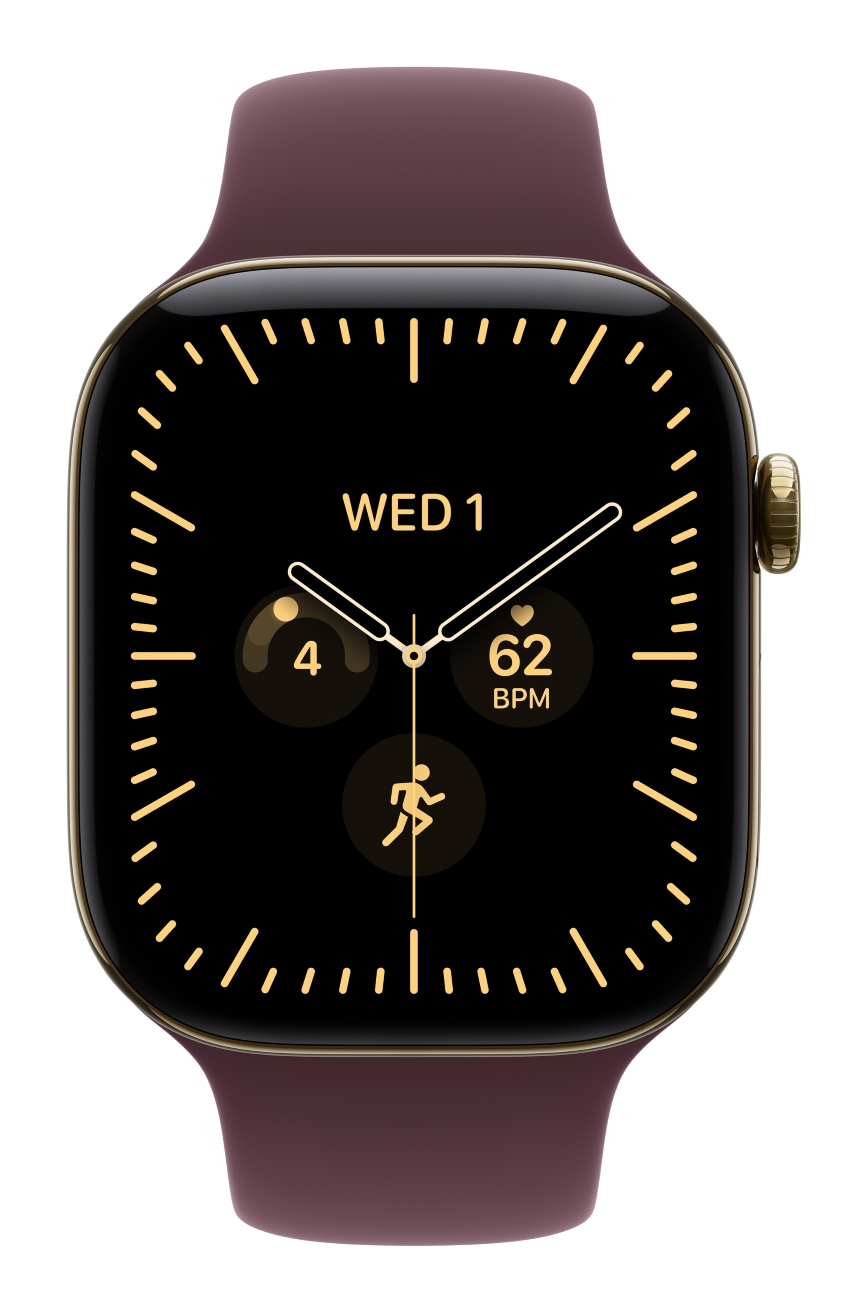 Smartwatch z bordowym paskiem i czarnym wyświetlaczem pokazuje datę, tętno i dane o aktywności na złoto.