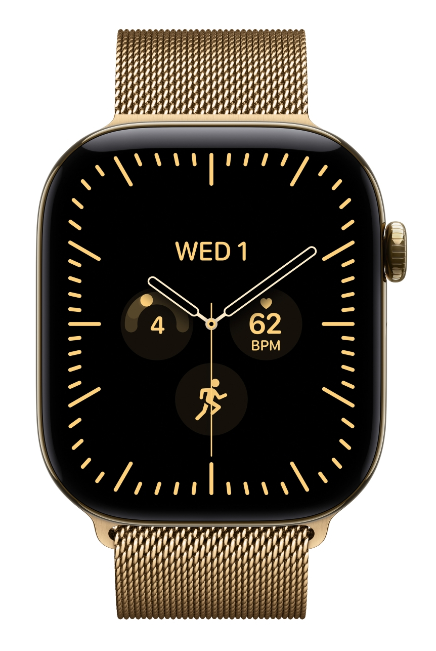 Złoty smartwatch z czarną tarczą, złotymi wskazówkami i metalową bransoletą na białym tle.