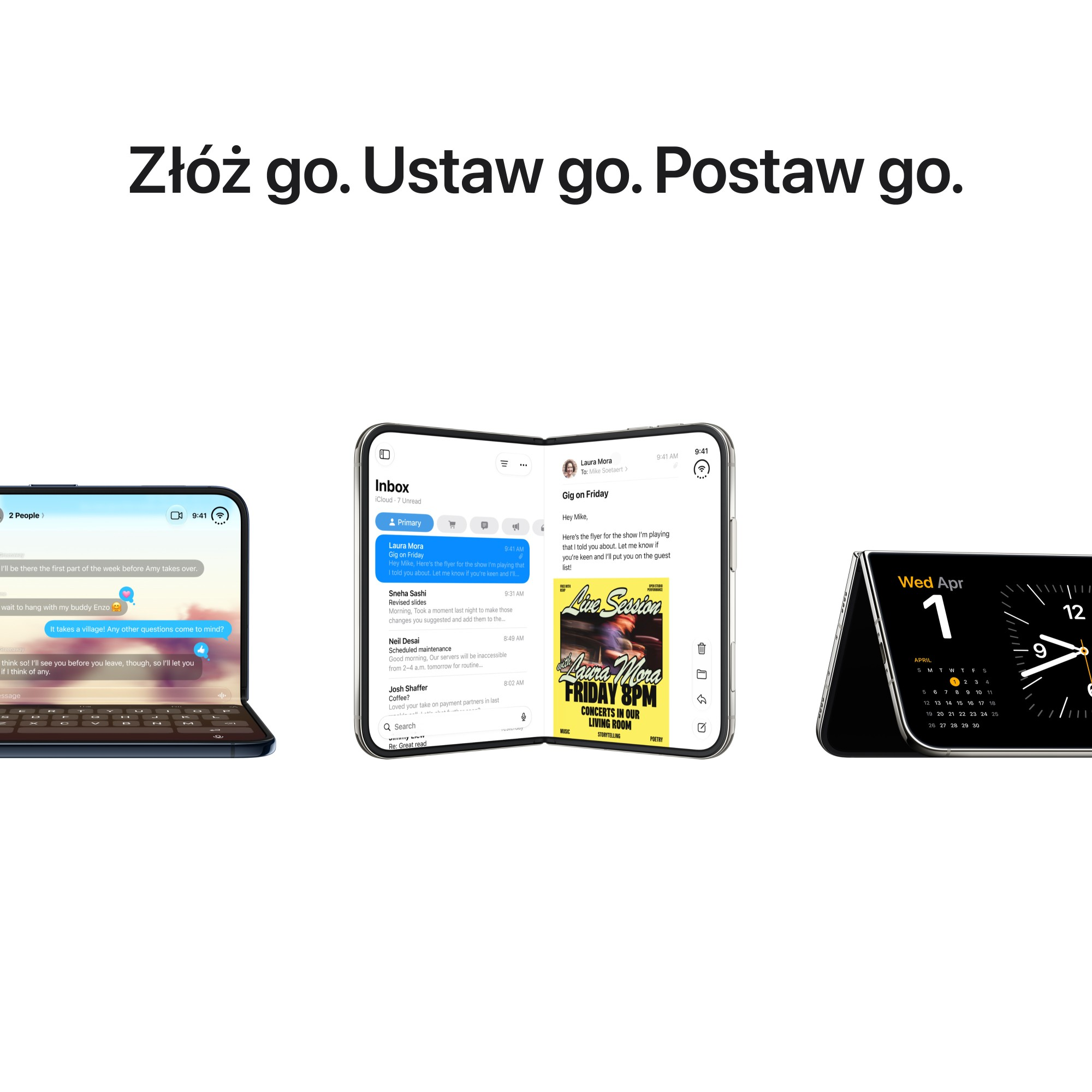 Trzy składane smartfony na białym tle wyświetlają różne zawartości ekranu, takie jak czat, e-mail i kalendarz.