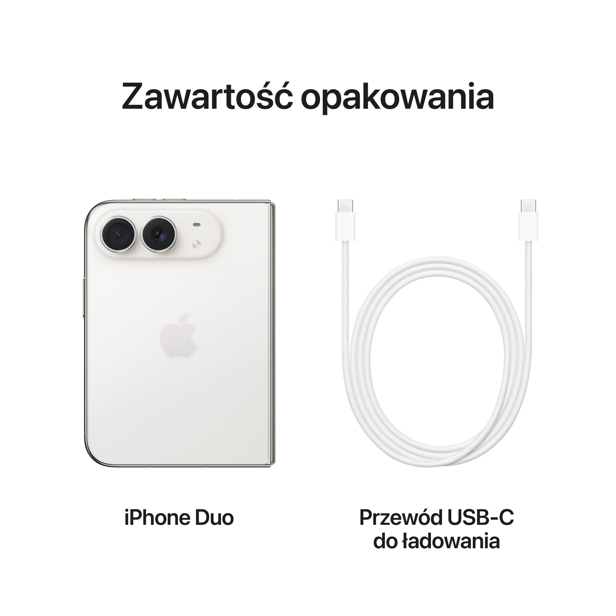 Zawartosc opakowania: Biala komorka iPhone Duo oraz bialy kabel USB-C do ladowania na jasnym tle.