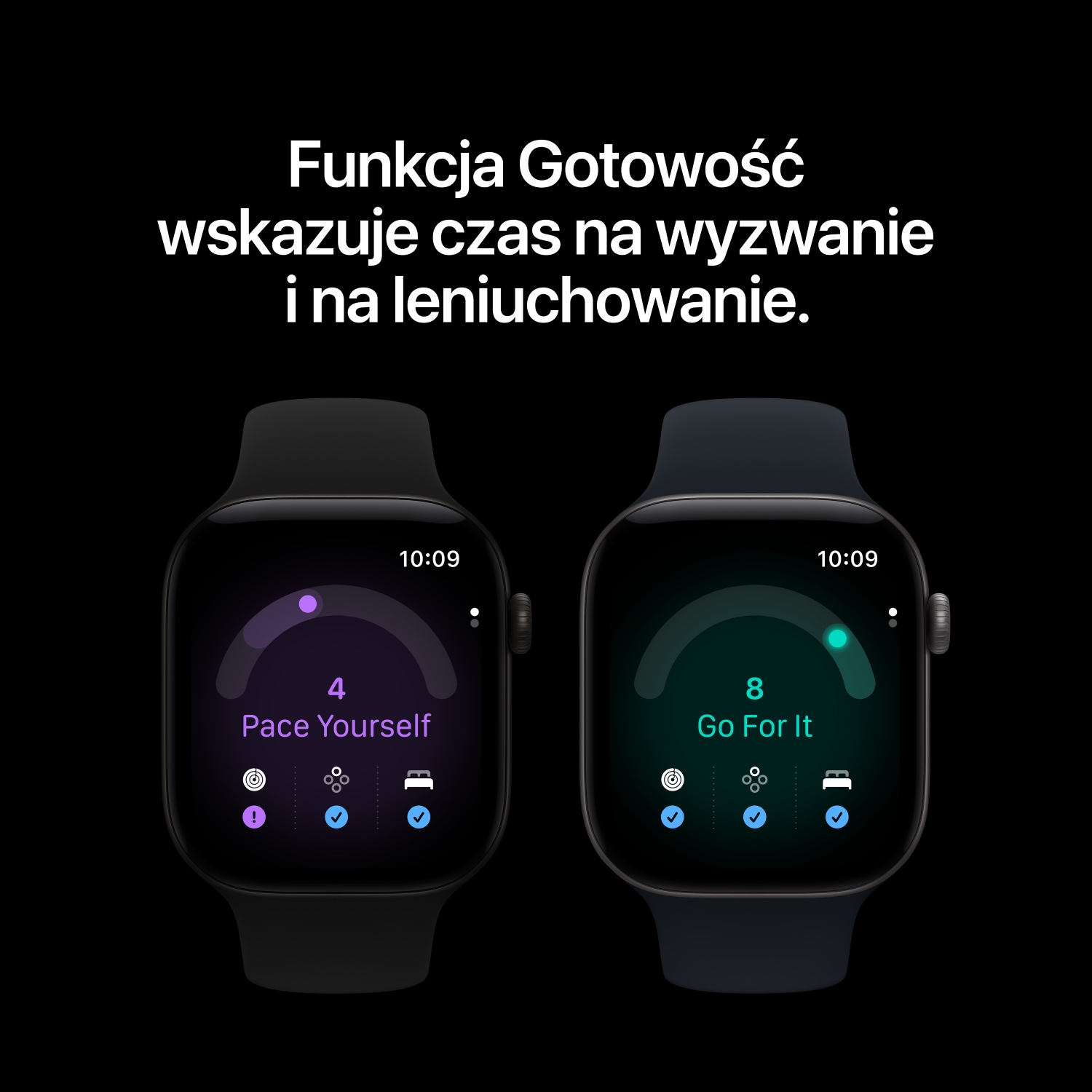 Dwa smartwatche na czarnym tle wyświetlające statystyki kondycji, wskaźniki odpoczynku i polski tekst na górze.