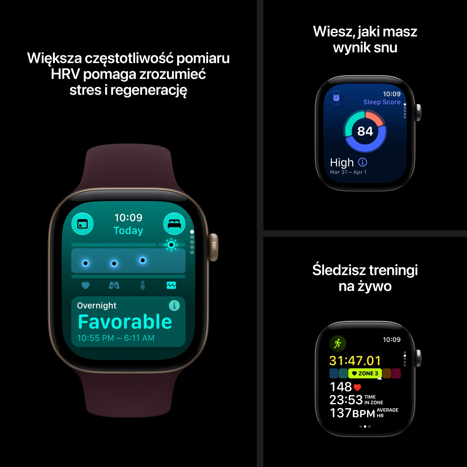 Smartwatche wyświetlają dane zdrowotne, takie jak HRV, wynik snu i dane treningowe na żywo, na czarnym tle.