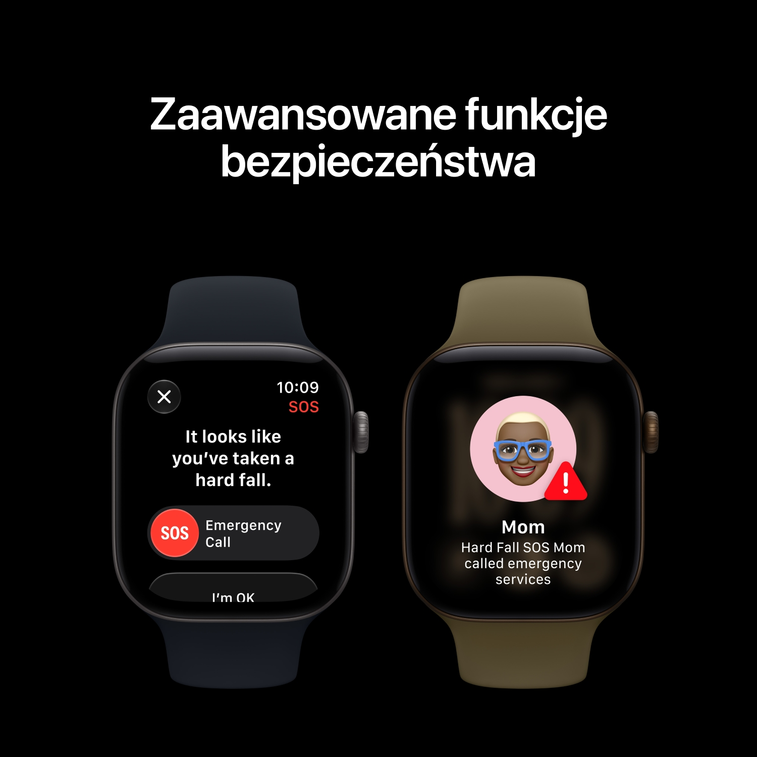 Dwa smartwatche wyświetlają funkcje wykrywania upadku i połączeń alarmowych.