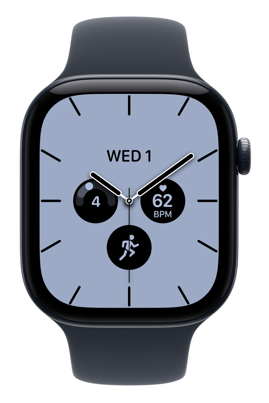 Czarny smartwatch z szarą tarczą, białymi wskazówkami i powikłaniami fitness.