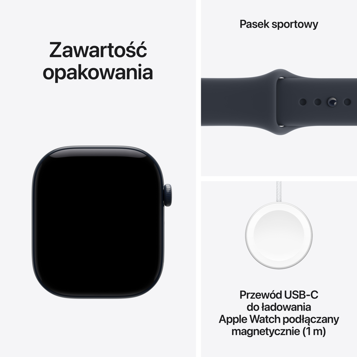 Zawartość opakowania: Apple Watch, pasek sportowy i kabel ładujący USB-C.
